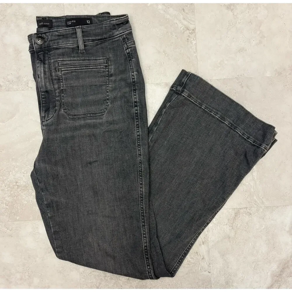 J.Jill Jeans High Rise Flare Gray Wash Patch Pocket Wide Leg Denim Size 12